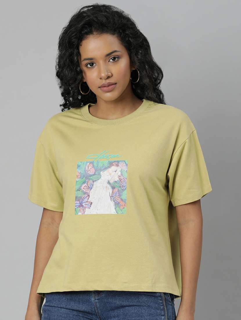 women yellow graphic boxy t-shirt