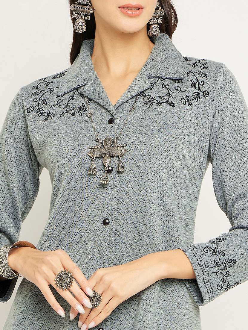 Women Grey Embroidered Acrylic Co-ord - 20612626 -  Standard Image - 4