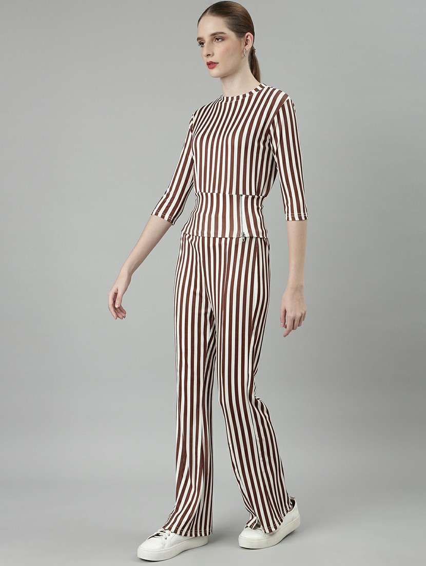 women brown & white striped top and trouser set  - 20612662 -  Standard Image - 1