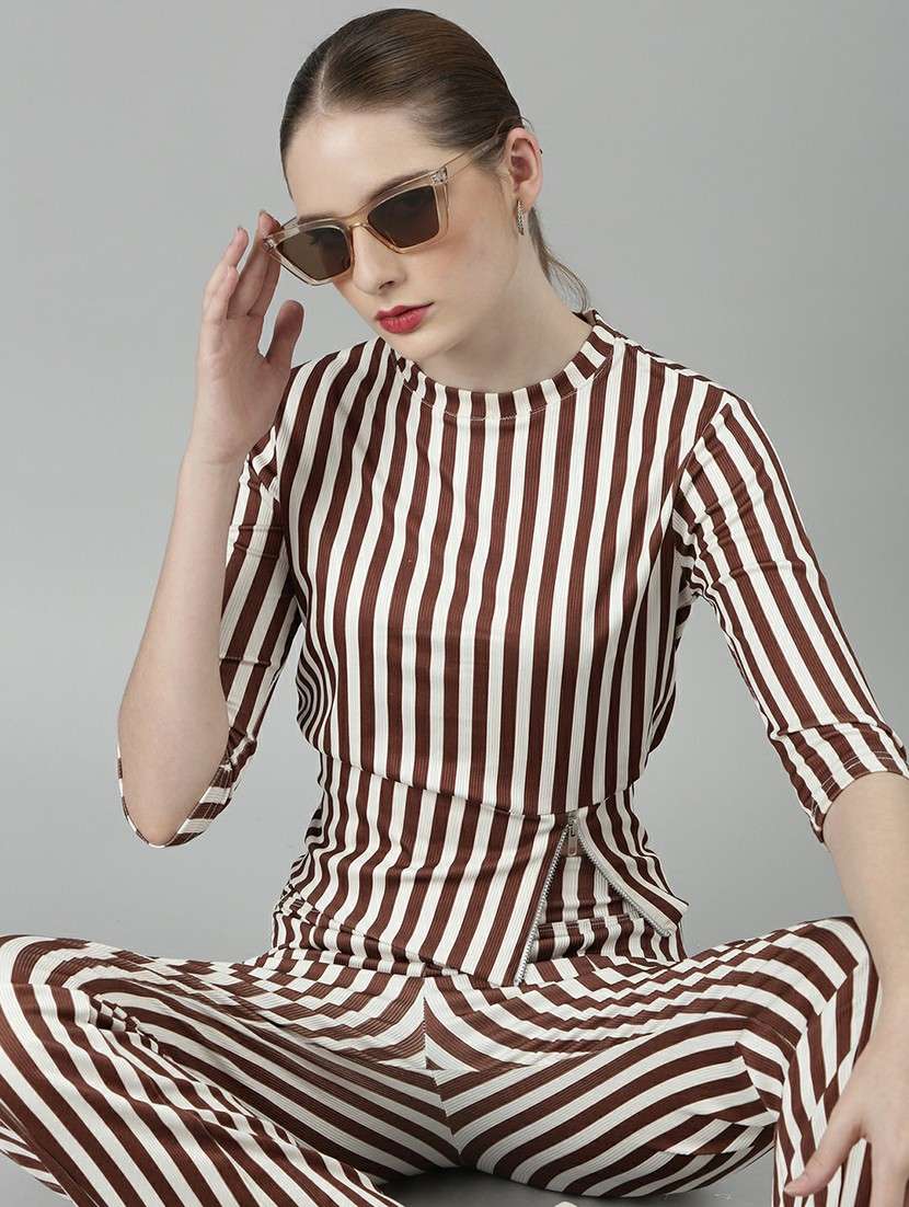 women brown & white striped top and trouser set  - 20612662 -  Standard Image - 4