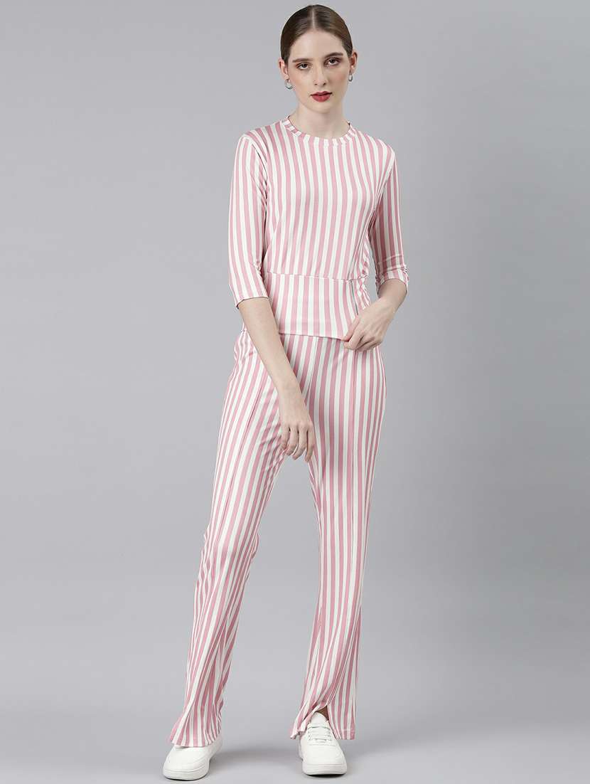 women pink & white striped top and trouser set 
