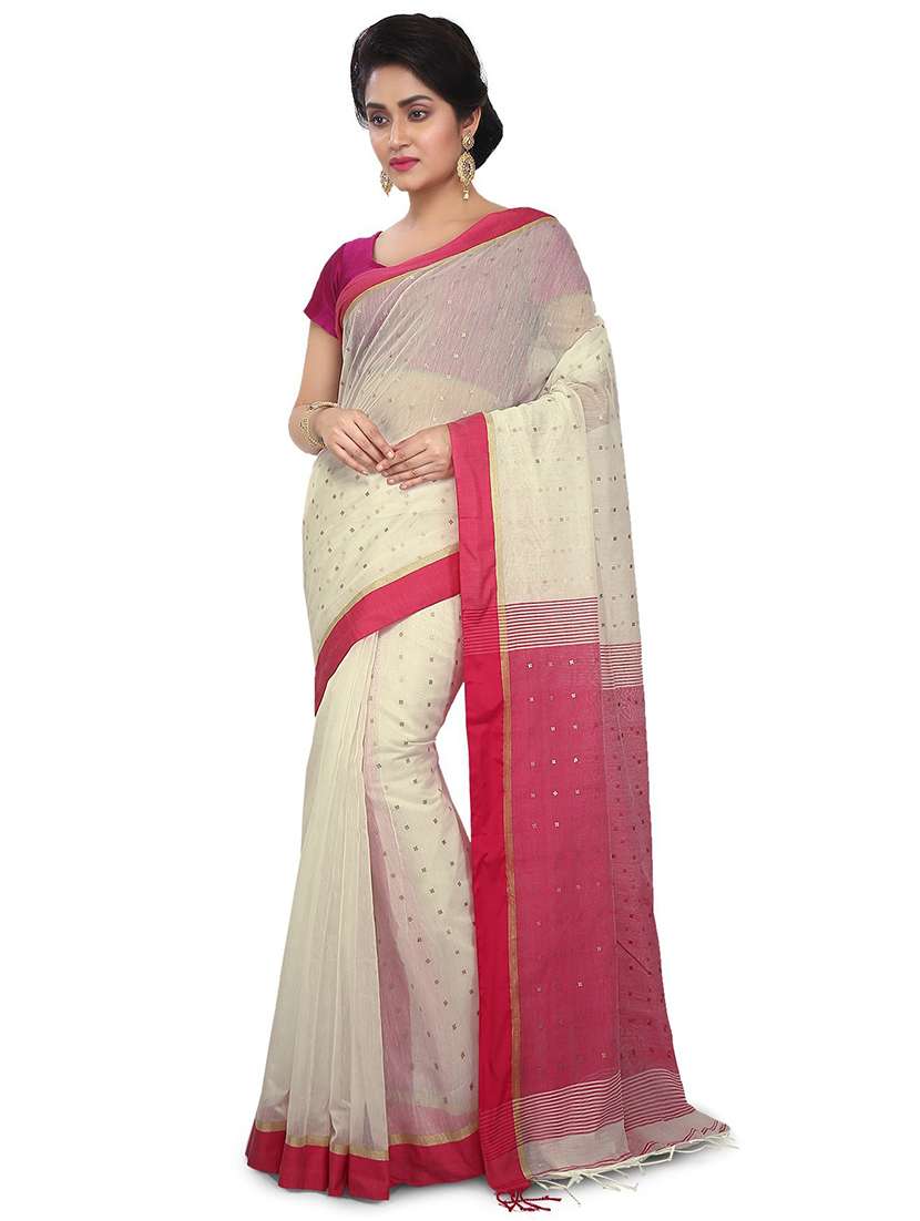 women white & pink self design handloom saree with blouse - 20613976 - Zoom Image - 0