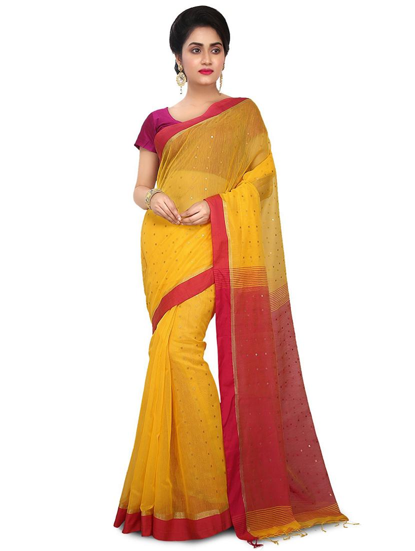 yellow self design handloom saree with blouse - 20613978 - Zoom Image - 0