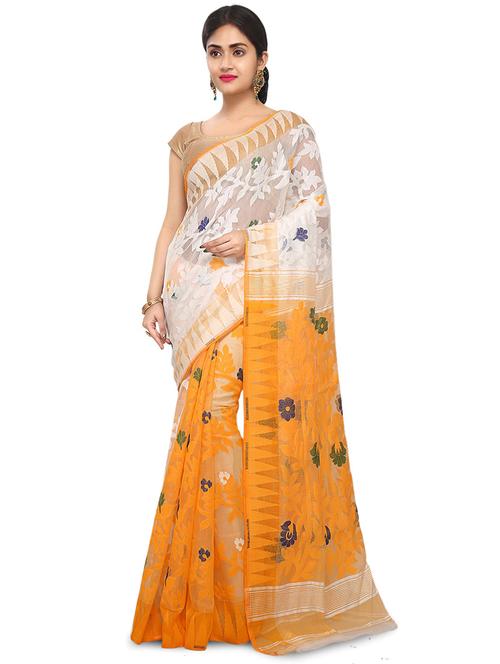 women yellow & white self design jamdani saree with blouse - 20613983 -  Standard Image - 0