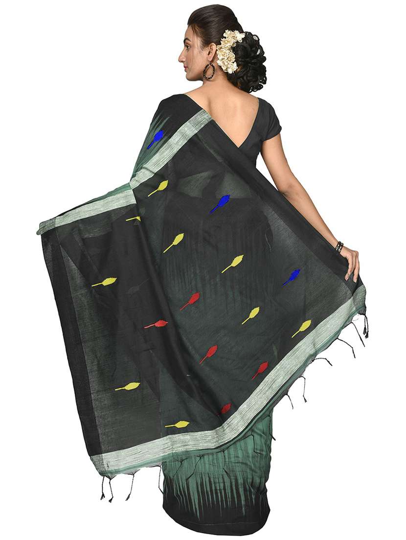 sea green & black self design handloom saree with blouse - 20613989 - Standard Image - 1