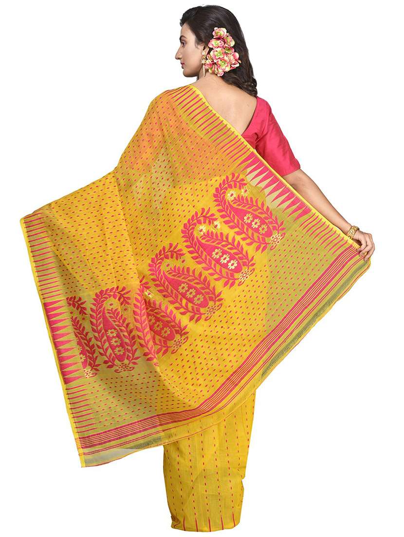 women yellow self design jamdani saree with blouse - 20614002 -  Standard Image - 1