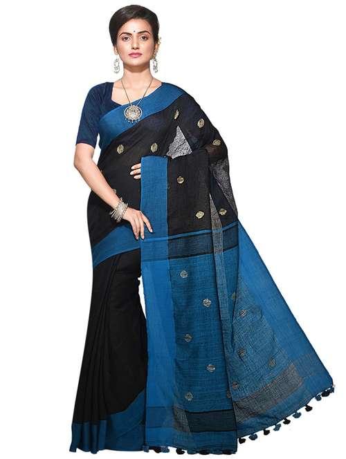women black & blue self design handloom saree with blouse - 20614012 - Standard Image - 0