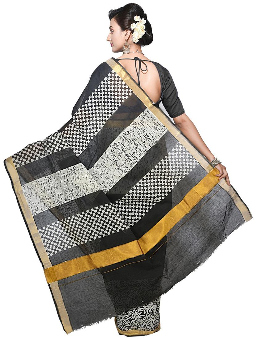 women white & black handloom saree with blouse - 20614017 - Standard Image - 1