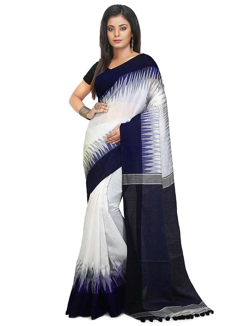 women white self design handloom saree with blouse
