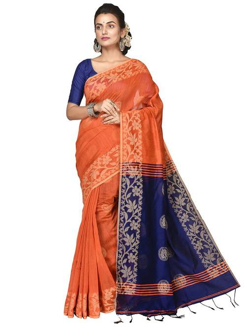 women orange self design handloom saree with blouse - 20614028 - Standard Image - 0