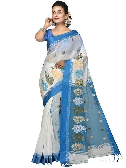 women white & blue embroidered saree with blouse - 20614031 -  Standard Image - 0