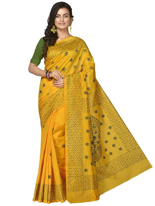 mustard solid with work saree with blouse - 20614039 - Standard Image - 0
