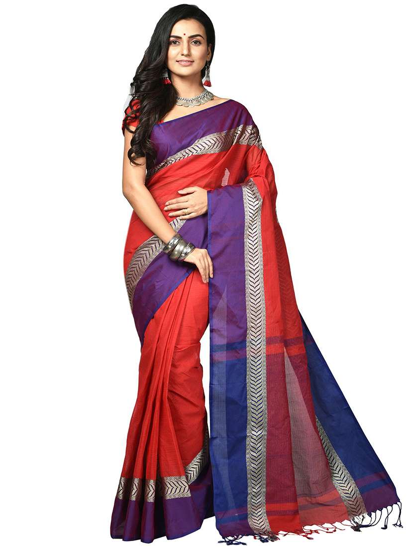 women red solid bordered saree with blouse - 20614042 -  Zoom Image - 0