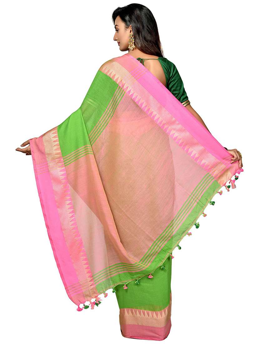 women green solid bordered saree with blouse - 20614048 -  Standard Image - 1