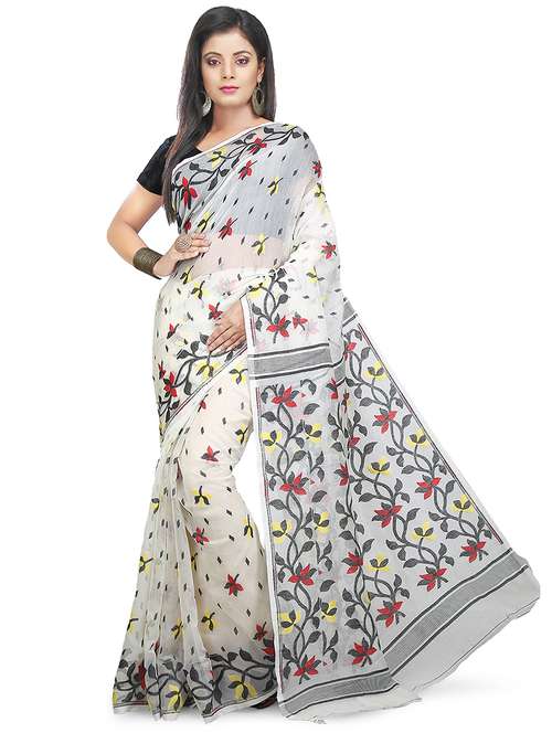 women white self design jamdani saree with blouse - 20614055 - Standard Image - 0