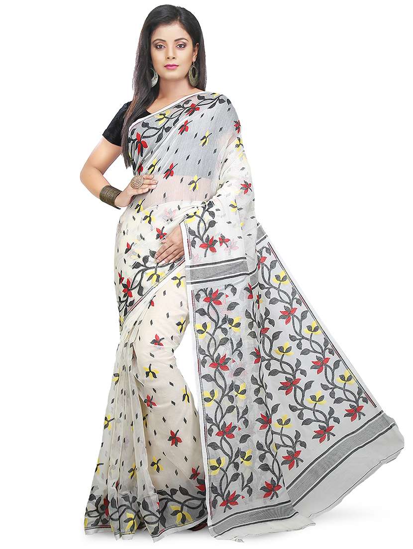 women white self design jamdani saree with blouse - 20614055 - Zoom Image - 0