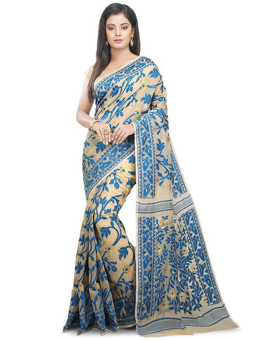 women beige self design jamdani saree with blouse - 20614057 - Standard Image - 0