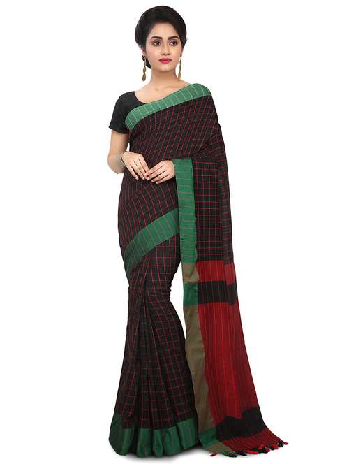 black checkered handloom saree with blouse - 20614068 - Standard Image - 0