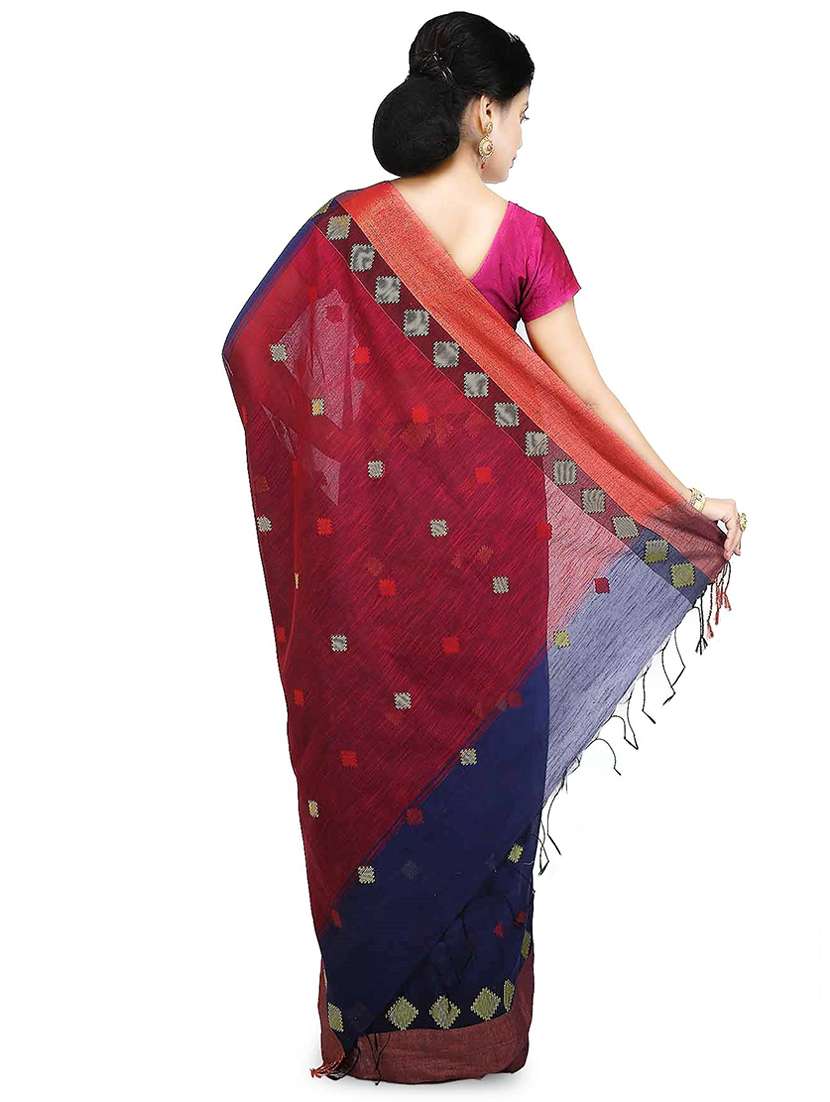 women navy blue self design handloom saree with blouse - 20614084 -  Standard Image - 1