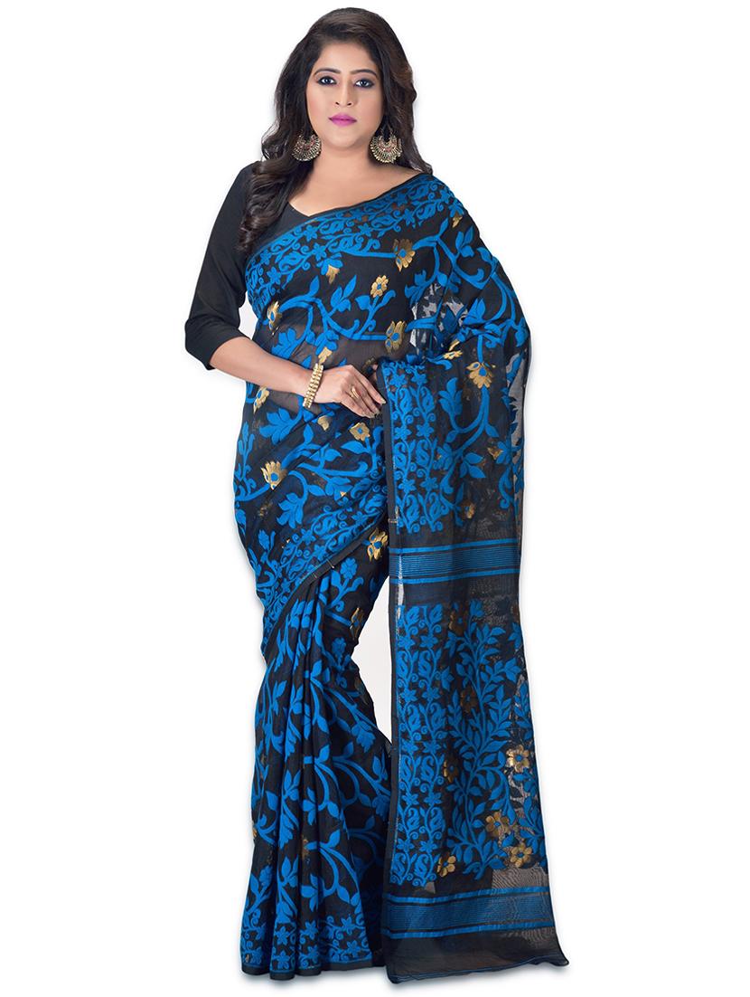 women black self design jamdani saree with blouse - 20614094 -  Zoom Image - 0