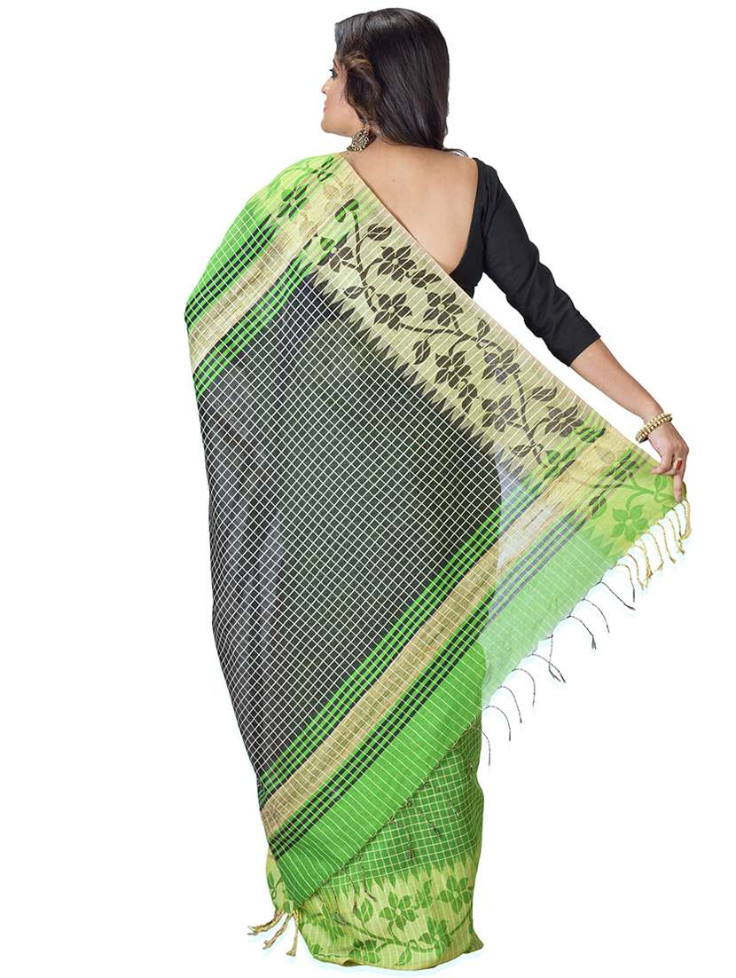women green checks handloom saree with blouse - 20614095 -  Standard Image - 1