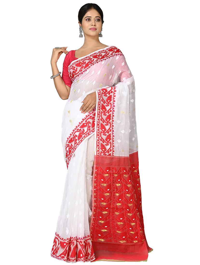 multi colored cotton blend jamdani saree with blouse - 20614106 - Zoom Image - 0