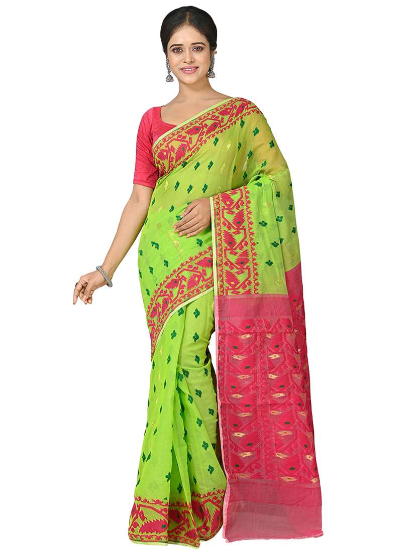 green cotton blend jamdani saree with blouse