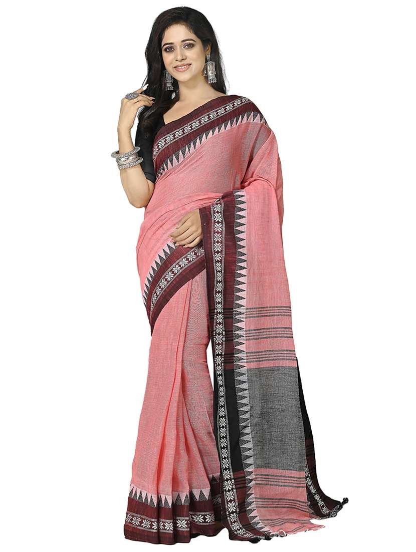 women pink solid bordered saree with blouse