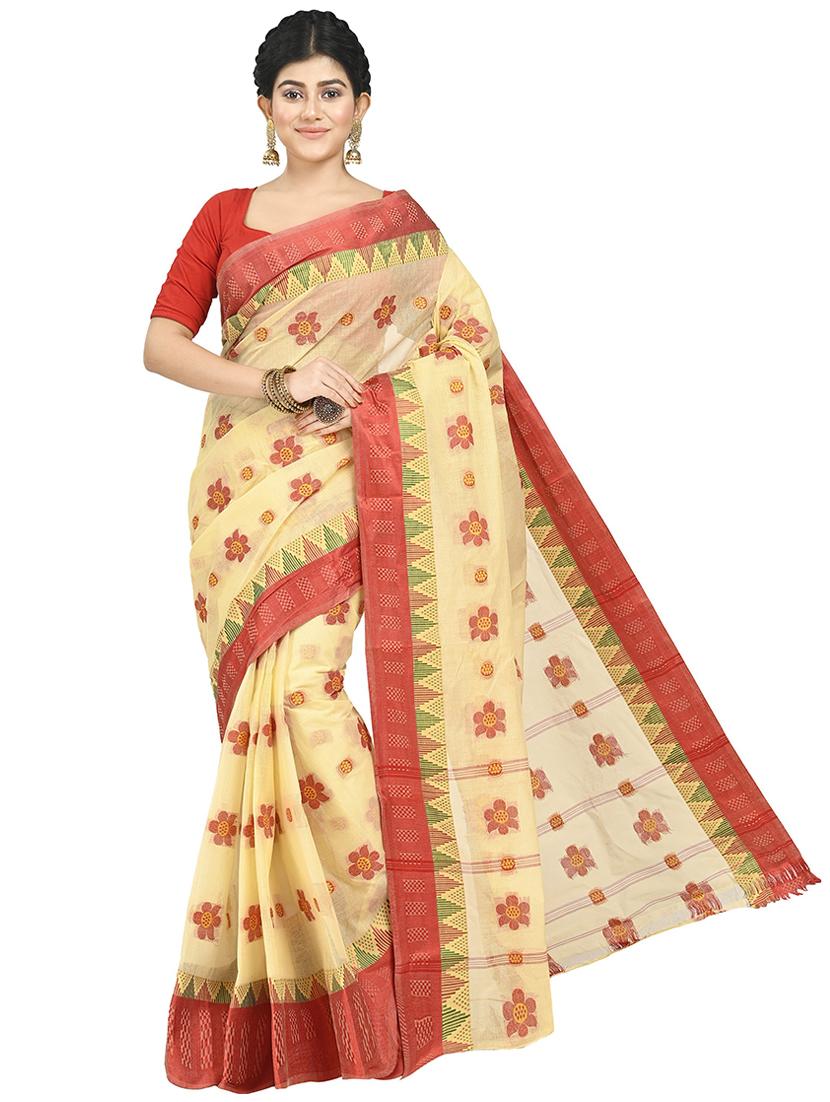 women beige self design tant saree with blouse - 20614120 - Zoom Image - 0
