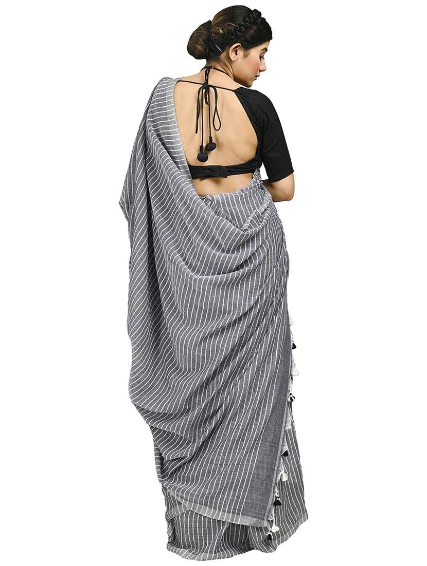 grey striped handloom saree with blouse - 20614122 - Standard Image - 1