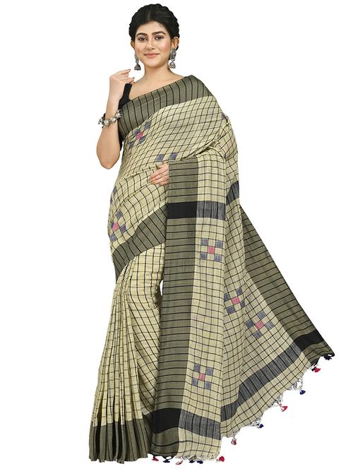 beige checkered handloom saree with blouse - 20614125 -  Standard Image - 0