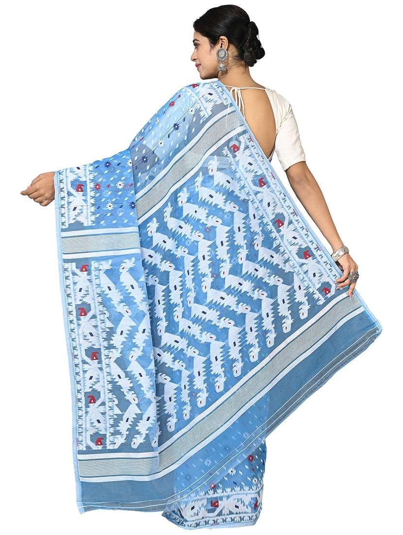 women light blue self design jamdani saree with blouse - 20614127 -  Standard Image - 1