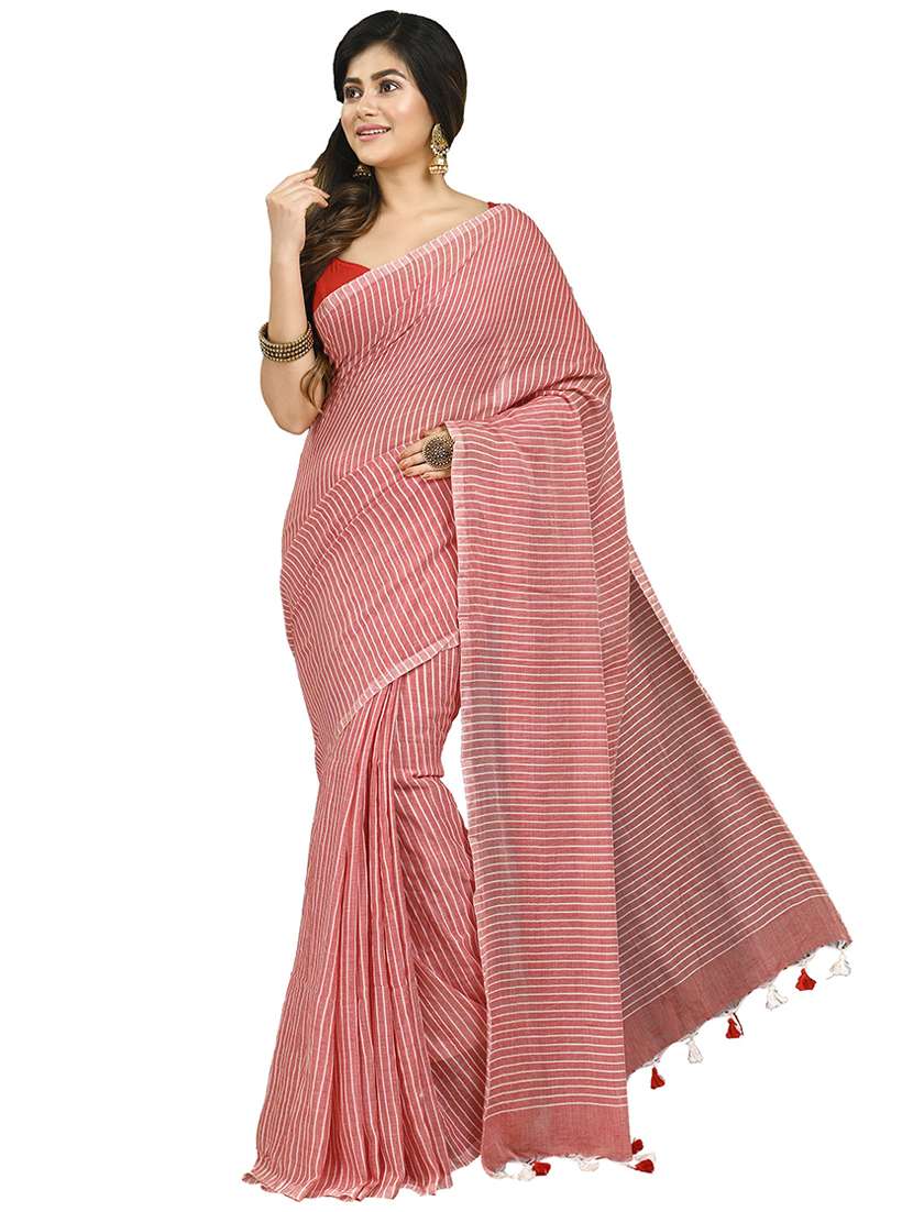women pink stripes handloom saree with blouse - 20614130 -  Zoom Image - 0