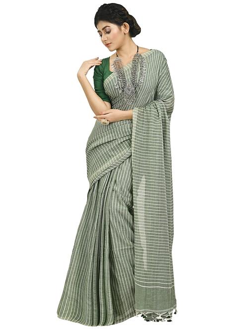 women grey stripes handloom saree with blouse - 20614132 - Standard Image - 0