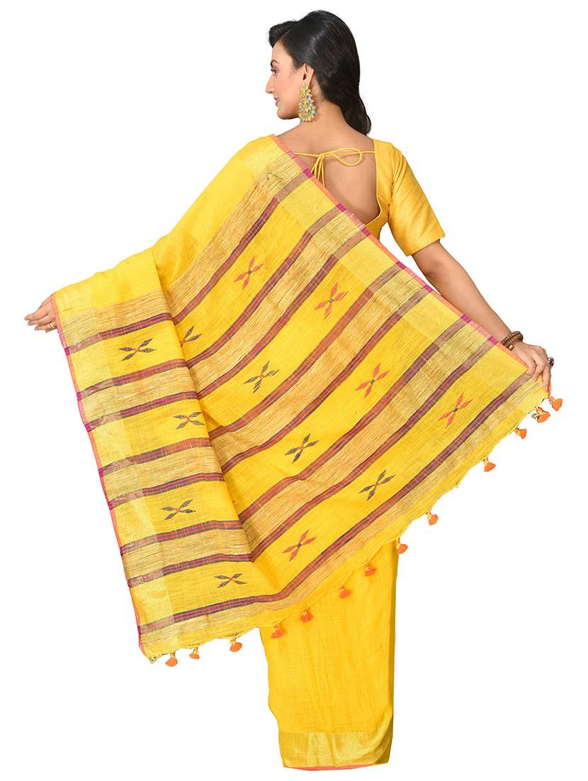 women yellow self design handloom saree with blouse - 20614148 -  Standard Image - 1