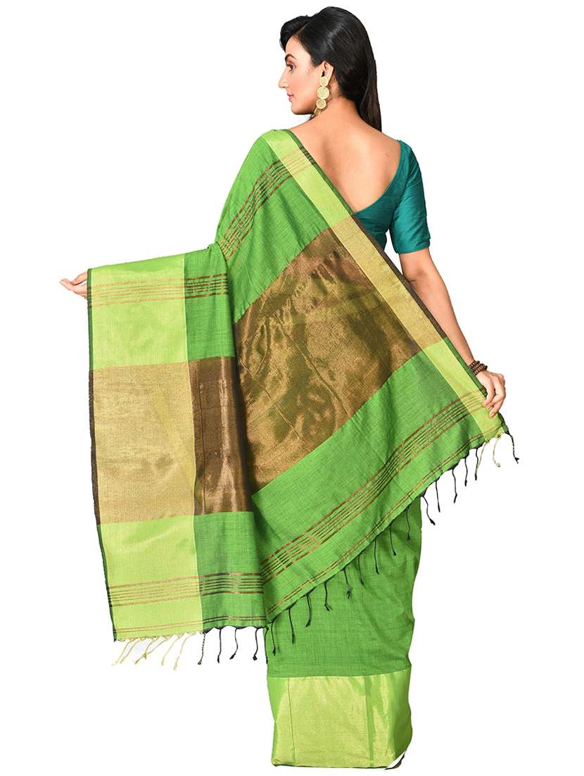 women green solid bordered saree with blouse - 20614156 -  Standard Image - 1