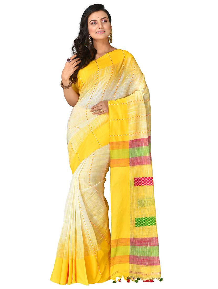 women's solid with work multi colored saree with blouse