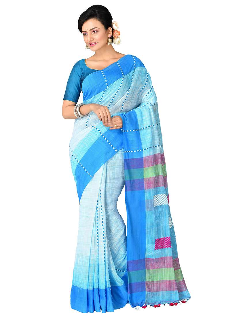 women's solid with work light blue colored saree with blouse