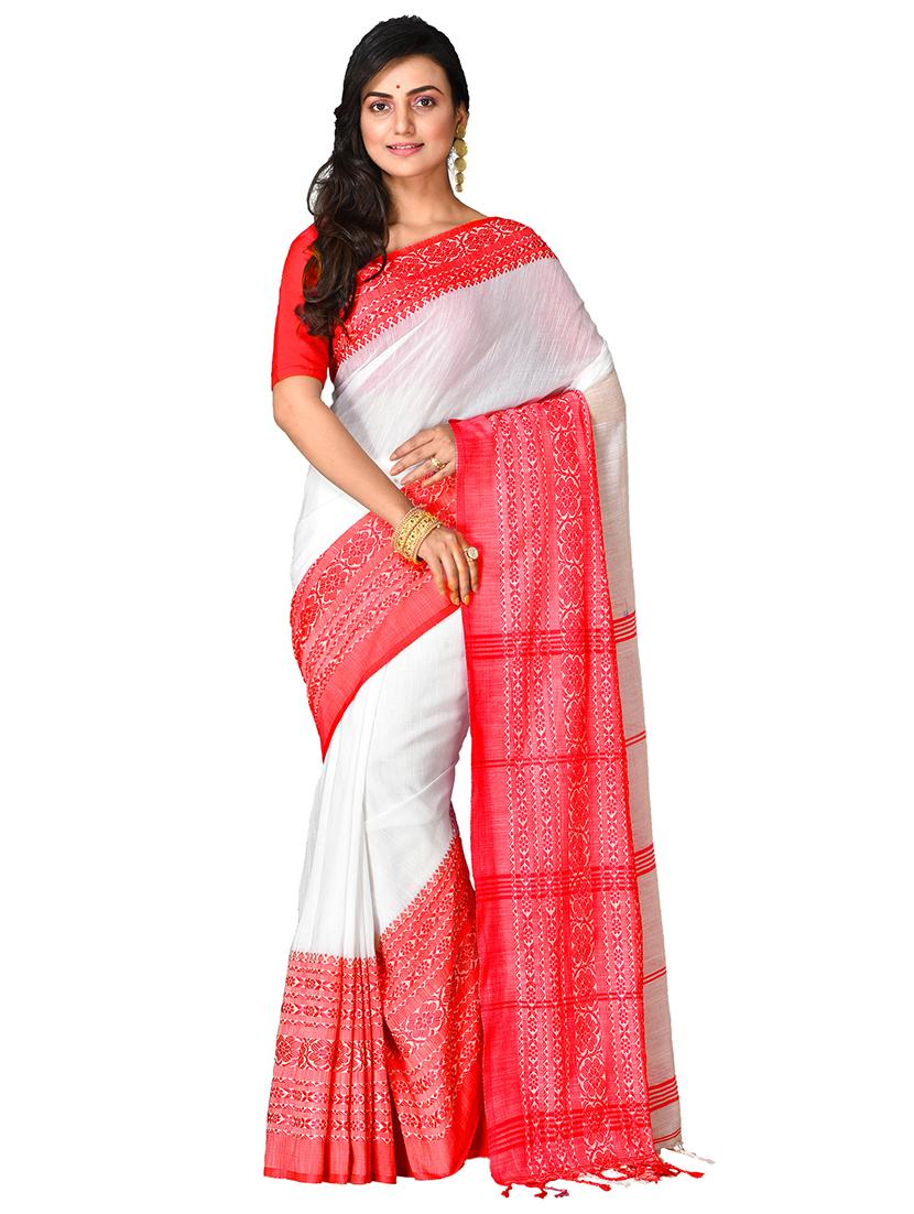 white self design handloom saree with blouse - 20614180 -  Zoom Image - 0