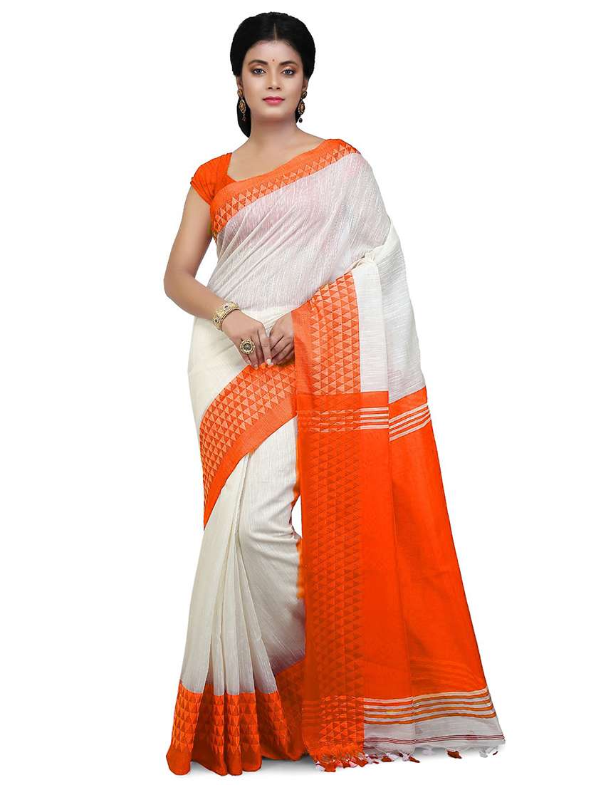 women white solid bordered saree with blouse - 20614193 - Zoom Image - 0