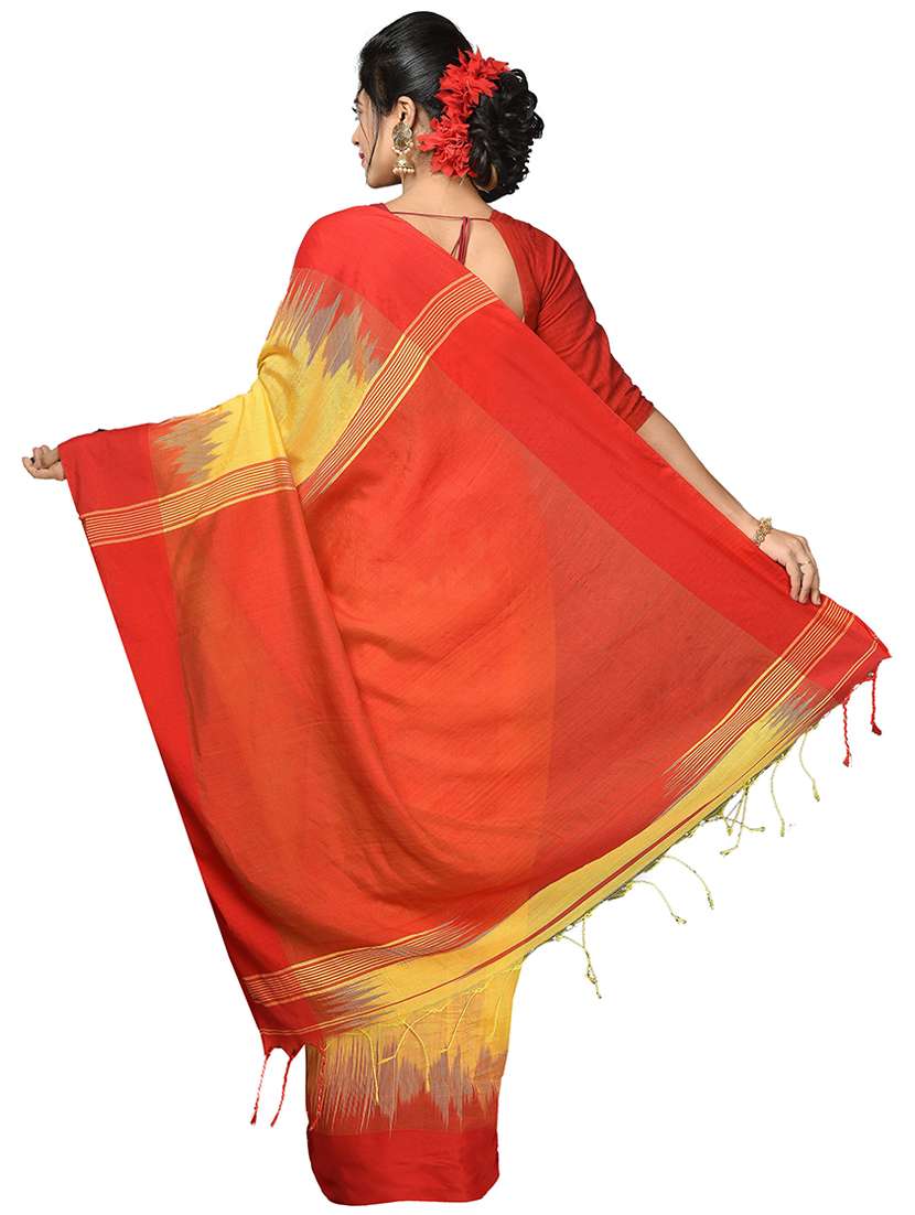 women yellow & orange self design handloom saree with blouse - 20614228 -  Standard Image - 1