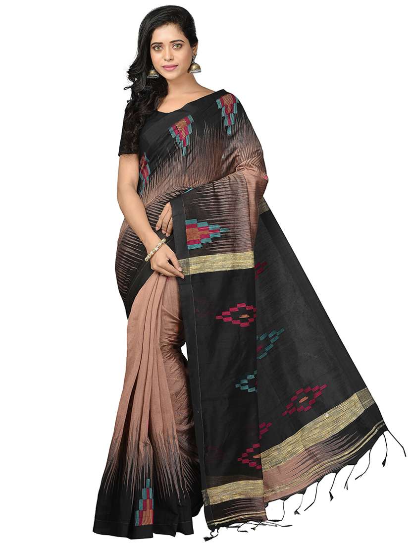 women brown & black self design handloom saree with blouse