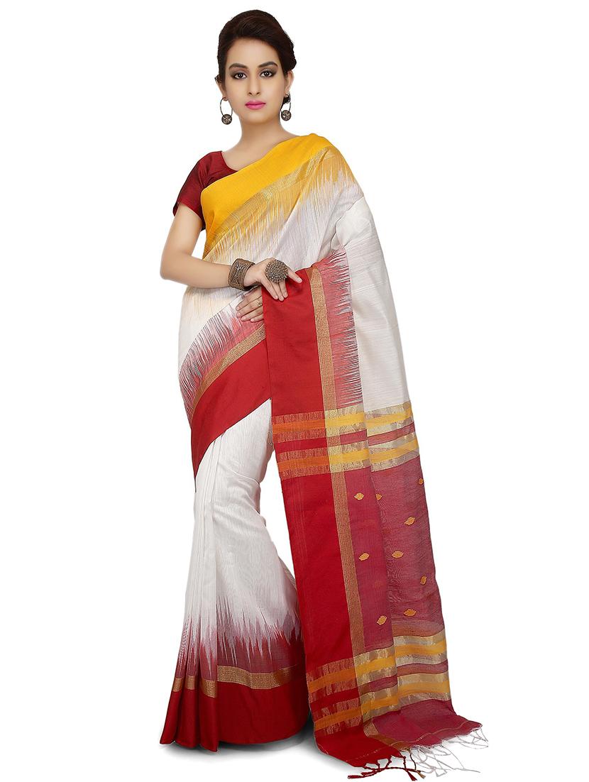 women white solid bordered saree with blouse - 20614251 - Zoom Image - 0