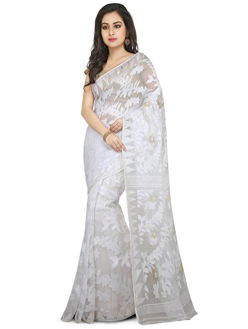 women white self design jamdani saree with blouse - 20614252 - Standard Image - 0