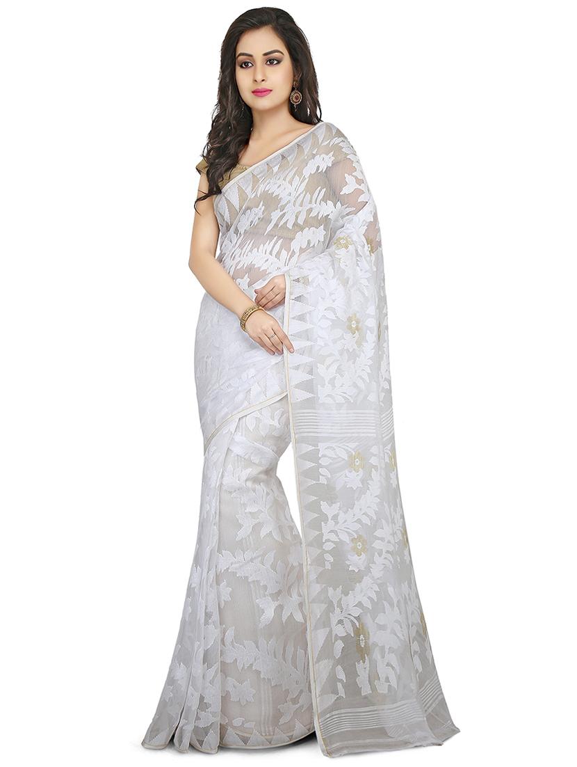women white self design jamdani saree with blouse - 20614252 - Zoom Image - 0