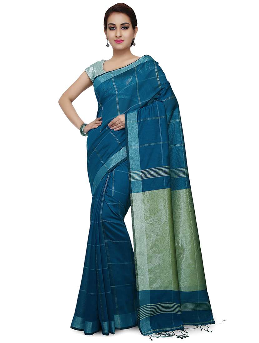 women's self design indigo colored saree with blouse