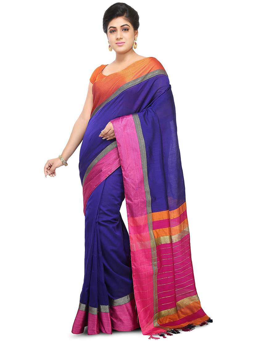 women blue & pink solid maheshwari saree with blouse