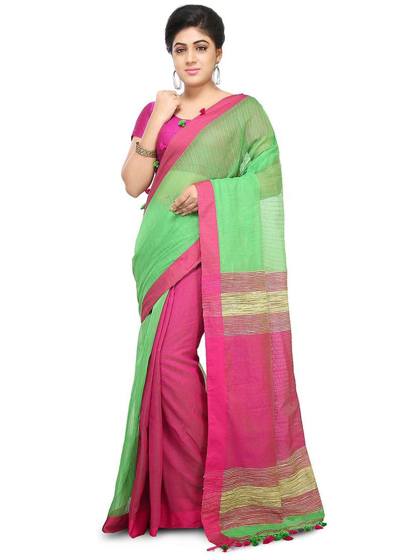 women green & pink half and half saree with blouse - 20614265 - Zoom Image - 0