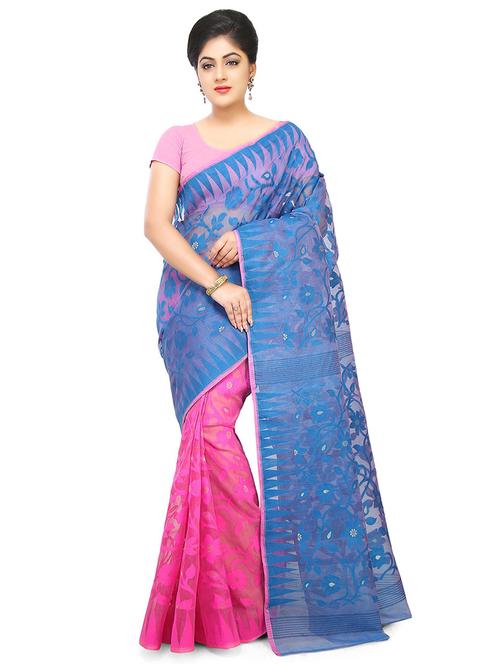 women pink & blue self design jamdani saree with blouse - 20614267 - Standard Image - 0