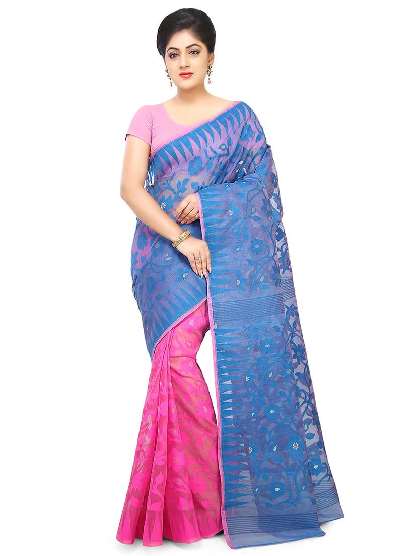 women pink & blue self design jamdani saree with blouse - 20614267 - Zoom Image - 0